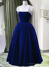 Blue Tea Length Velvet Straps Pearls Formal Dress, Blue Homecoming Dress